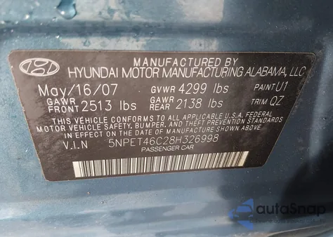 2008 Hyundai Sonata Gls z USA, uszkodzony, nr VIN 5NPET46C28H326998